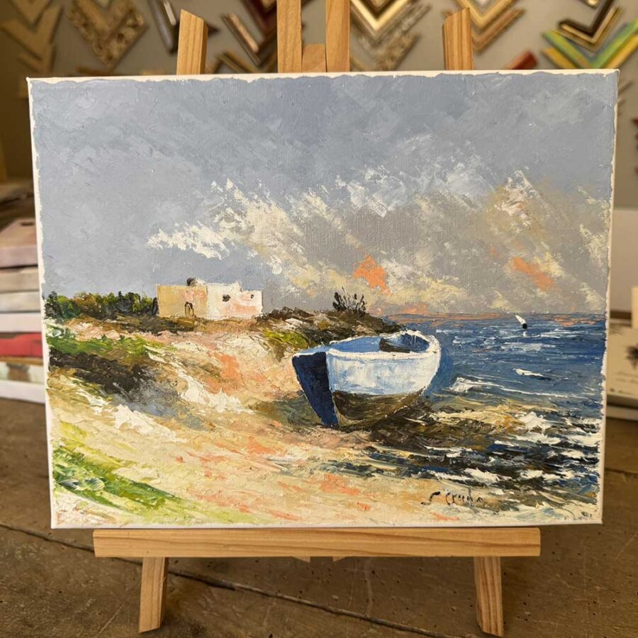 Dipinto olio su tela a spatola "Barca a riva" misure 25x30 cm