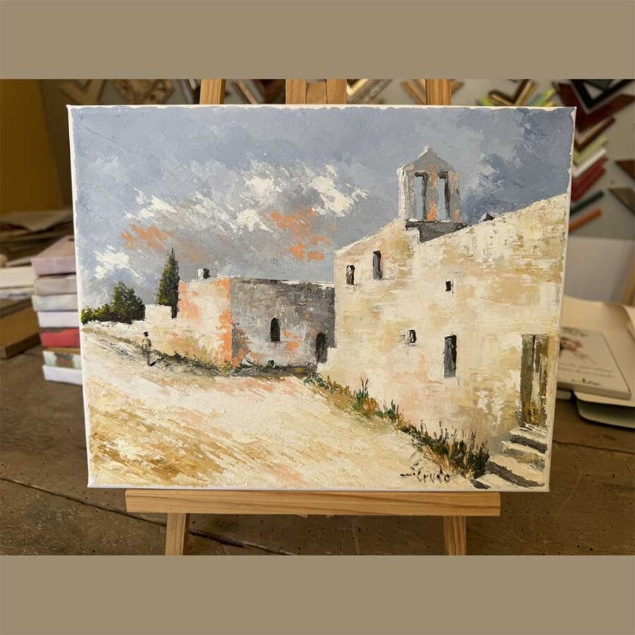 Dipinto olio su tela a spatola "Chiesetta di campagna" misure 25x30 cm