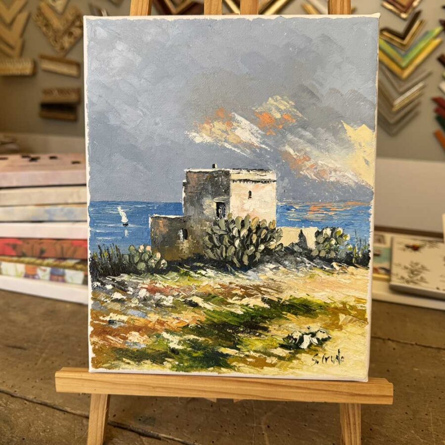 Dipinto olio su tela a spatola "Vecchio casolare vista mare" misure 20x25 cm