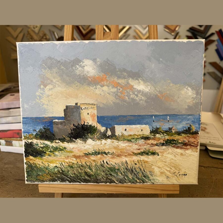 Dipinto olio su tela a spatola "Vecchio casale vista mare" misure 25x30 cm