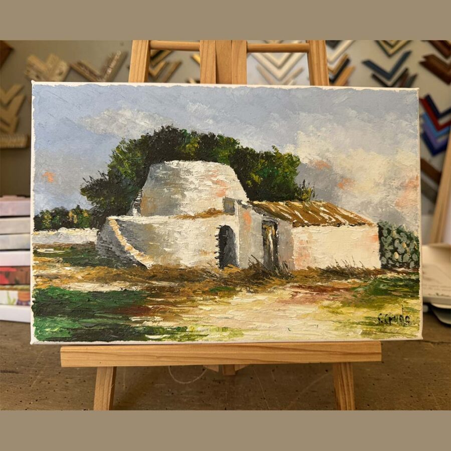 Dipinto olio su tela a spatola "Trullo salentino" misure 20x30 cm