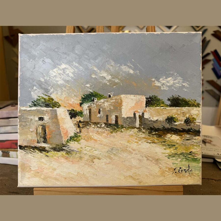 Dipinto olio su tela a spatola "Strada di campagna salentina" misure 25x30 cm