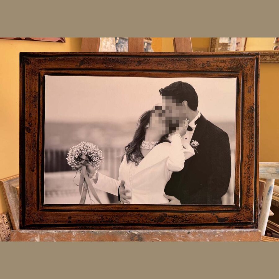 Cornice artigianale antichizzata con foto, eseguita a mano su legno mdf.