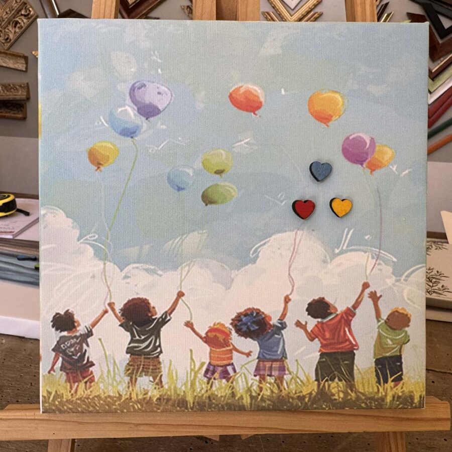 Tela stampata con decorazioni a mano e frase personalizzata per battesimi e compleanni, misure 20x20 cm